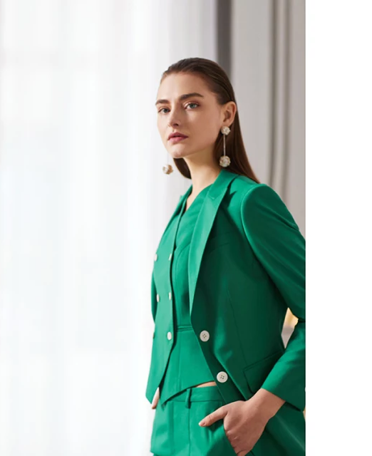Green 3-Piece Suit with V-neck Vest - Blazer, Waistcoat & Pants