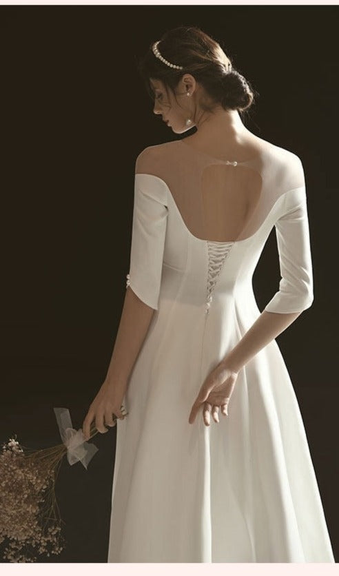 Vista White Deep V-Neck Long Sleeve Bridal Wedding Dress
