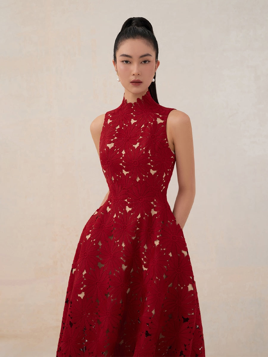 Red Chrysanthemum Formal Midi Dress
