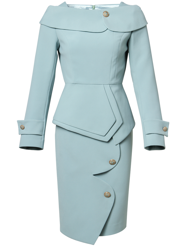 Hand-Made Light Blue 2-Piece Off-Shoulder Mother of the Bride Skirt Suit