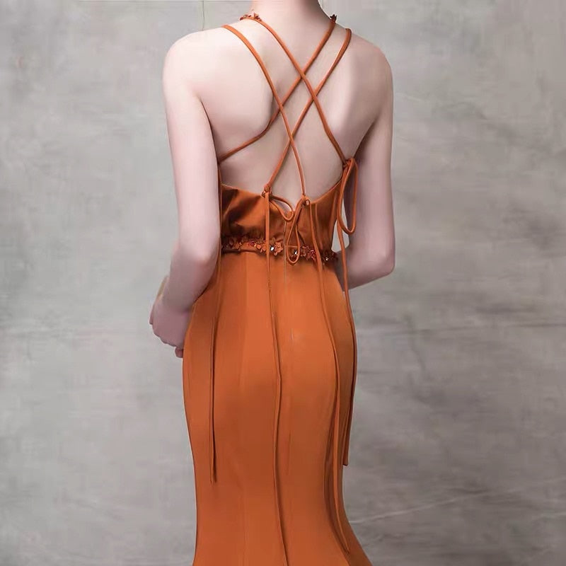 Orange Sweetheart Neck Long Dress
