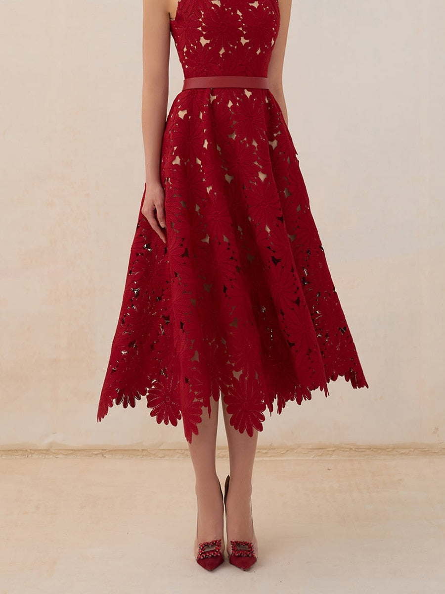 Red Chrysanthemum Formal Midi Dress
