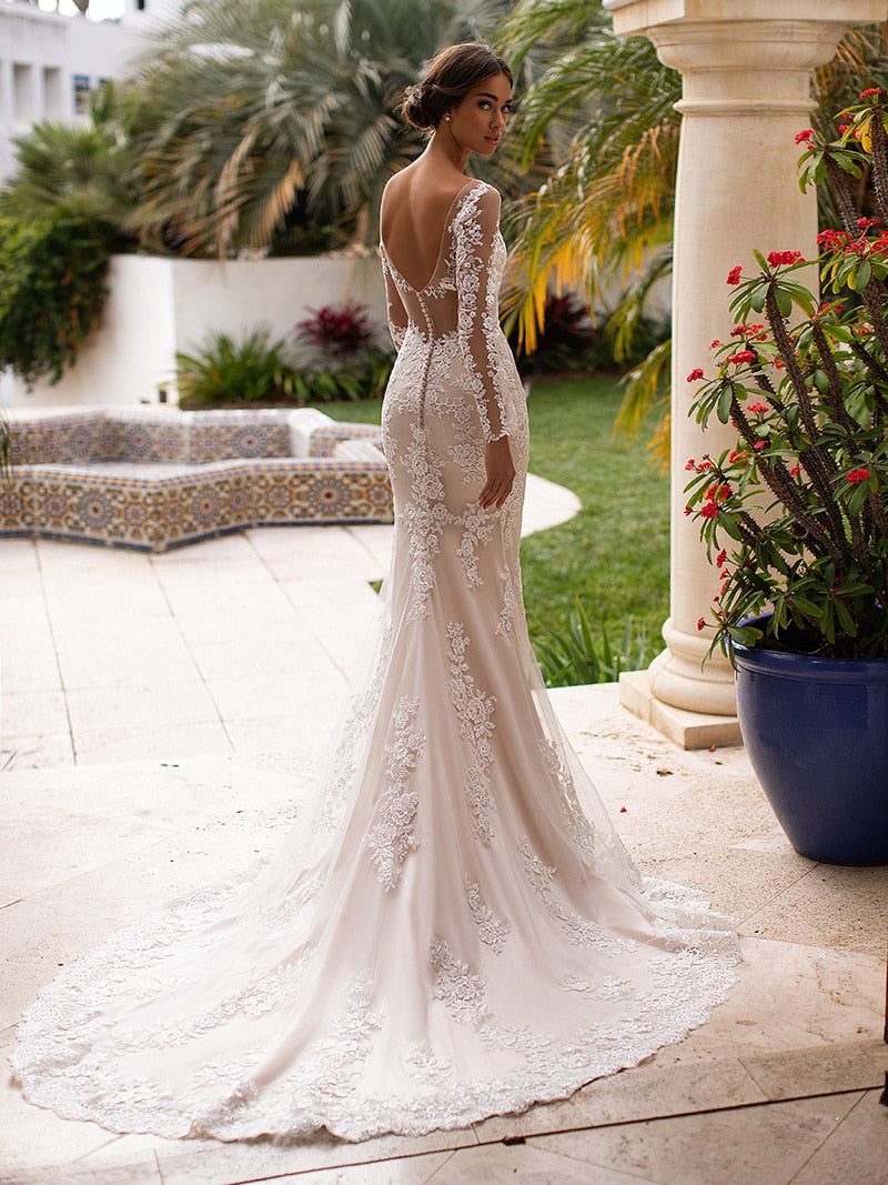 White Wood Deep V-Neck Long Sleeve Long Mermaid Wedding Dress