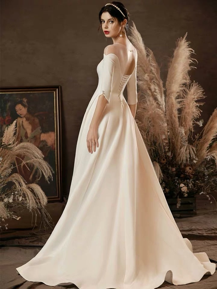 Vista White Deep V-Neck Long Sleeve Bridal Wedding Dress