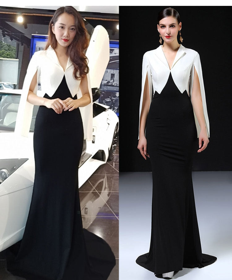 Black and White Fishtail Long Gown Dress