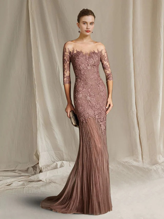 Pinkish-Brown Jewel Neck Half Sleeve Tulle Bride Dress