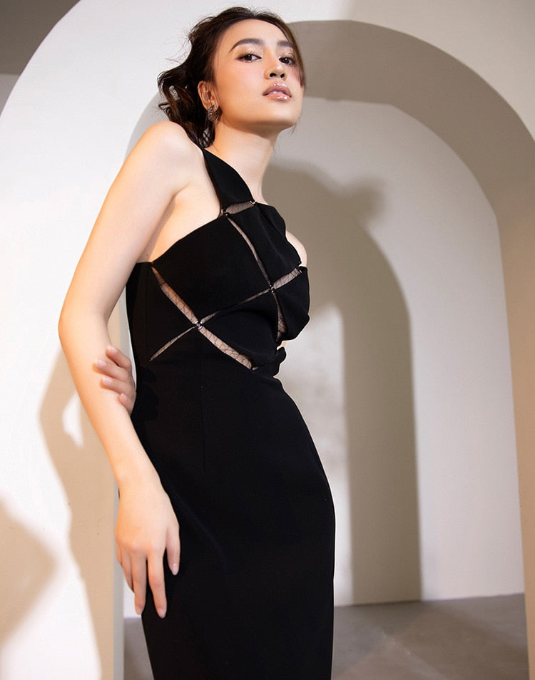 Black Sleeveless Velvet Tee Length Dress