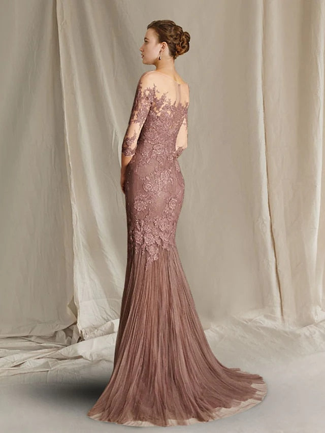 Pinkish-Brown Jewel Neck Half Sleeve Tulle Bride Dress