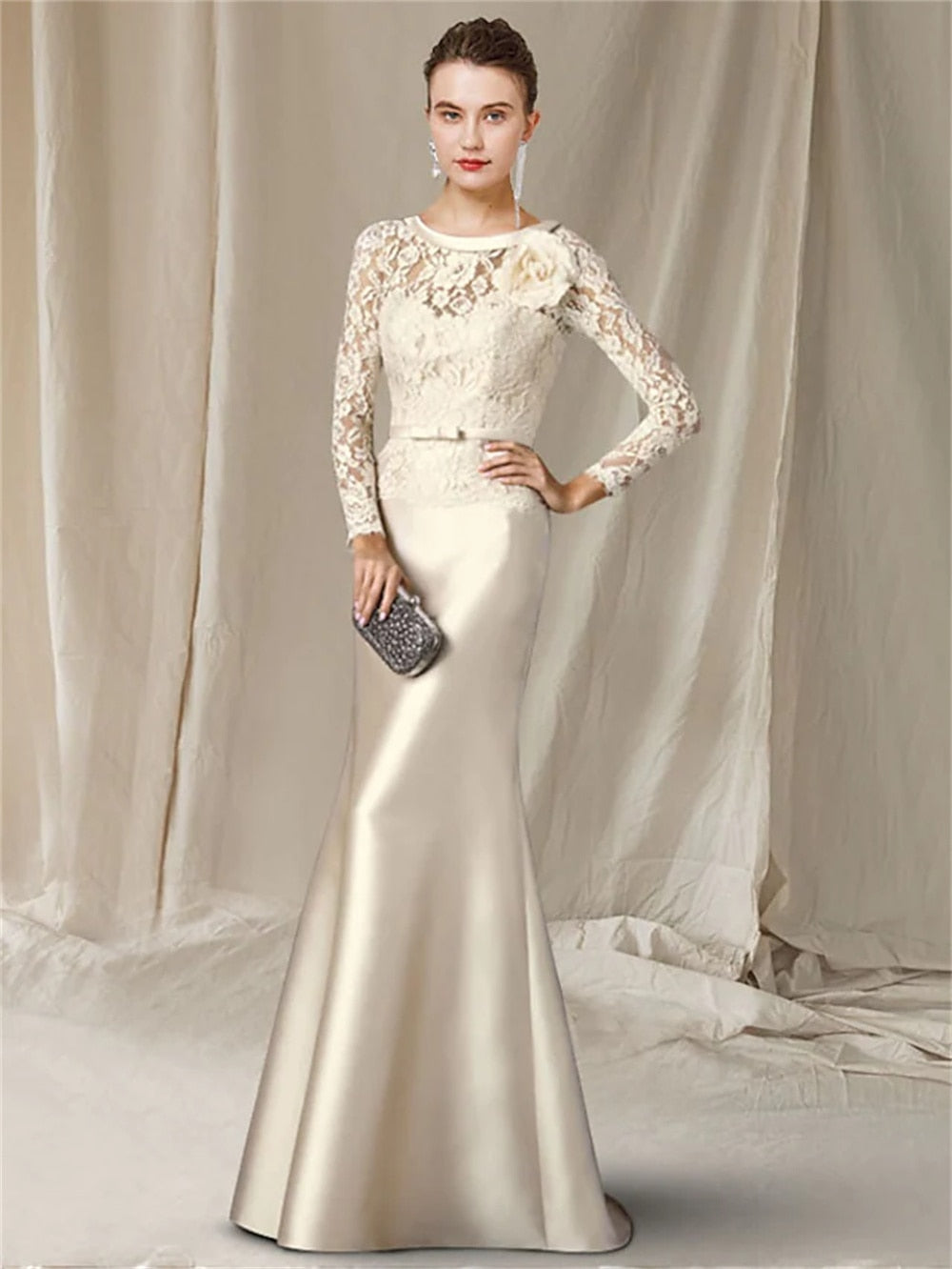 White Long Sleeve V-Neck Bride Dress with Bow Flower