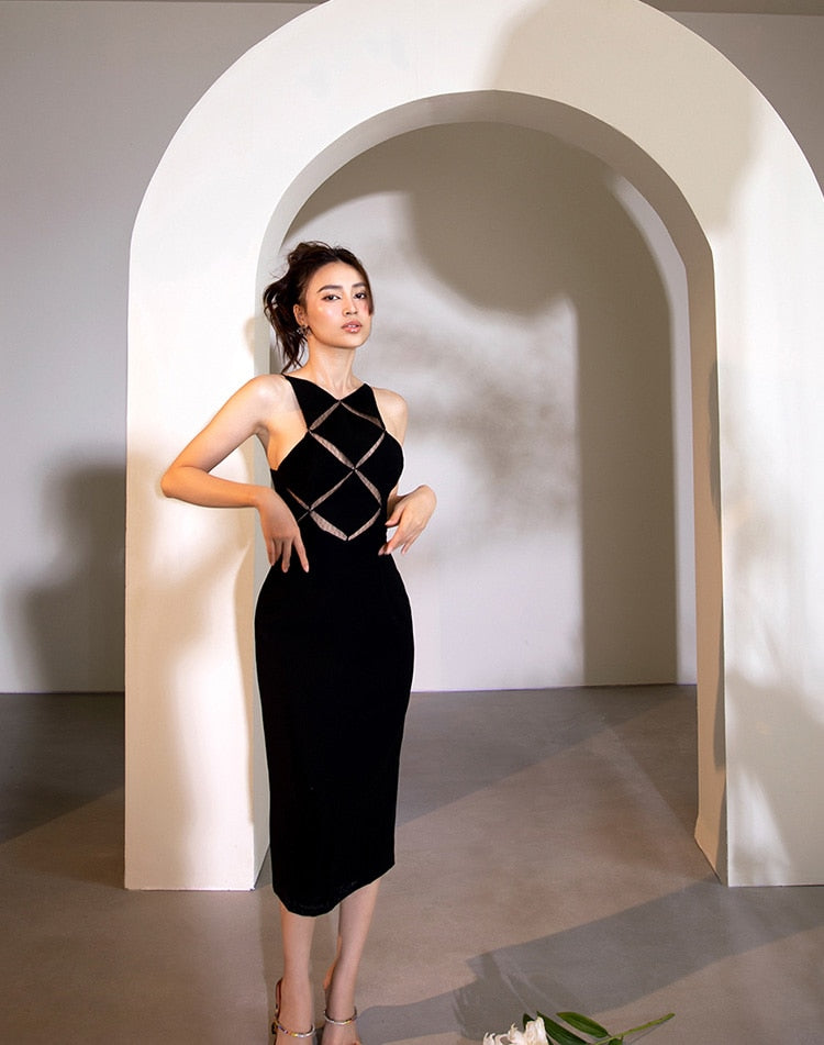 Black Sleeveless Velvet Tee Length Dress