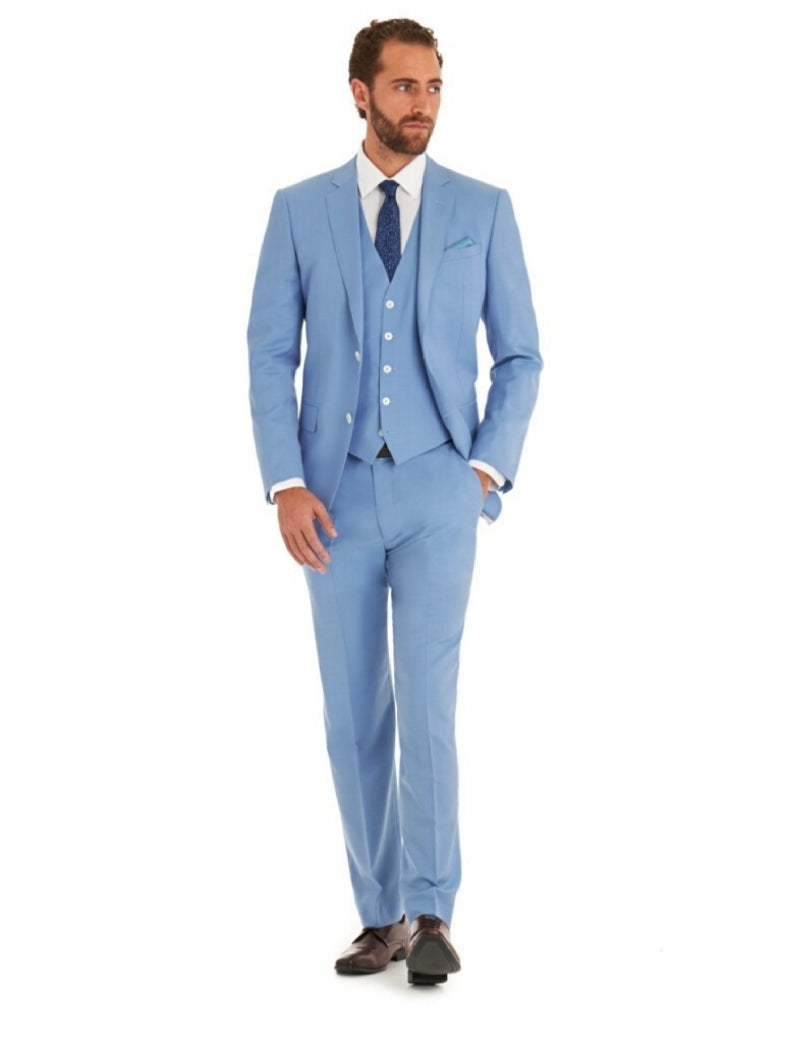 Men's sky blue 3 piece wool suit with white buttons