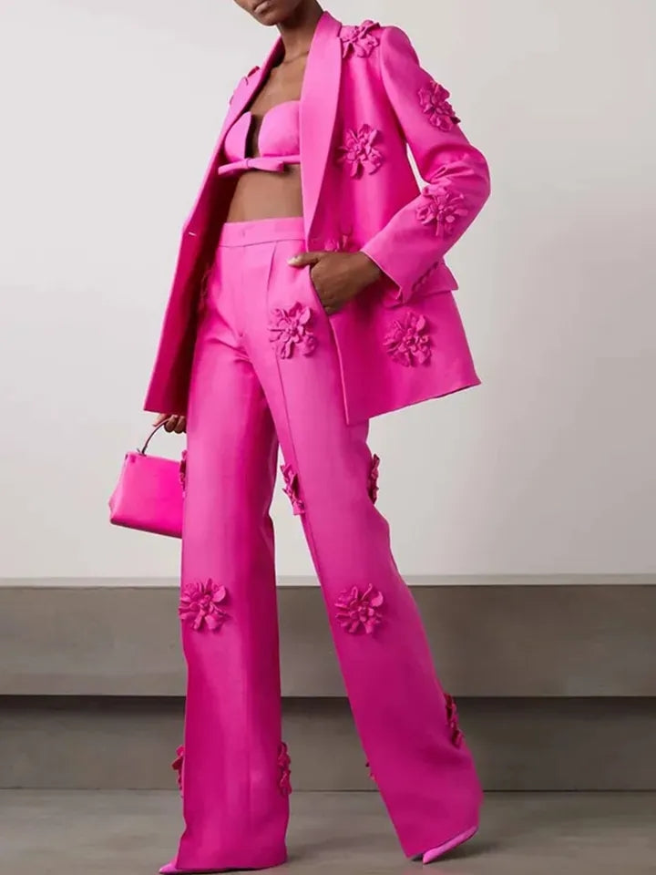 Hot Pink 3D Embroidery Flower Double Breasted Blazer and Pants suit