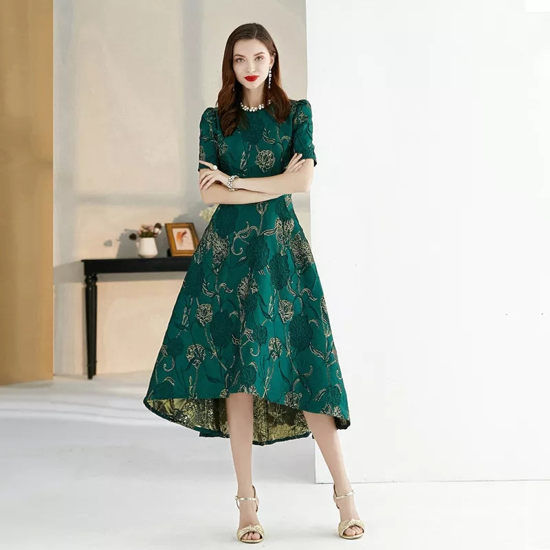 Short sleeves Green A-line Jacquard mother of the bride dresses