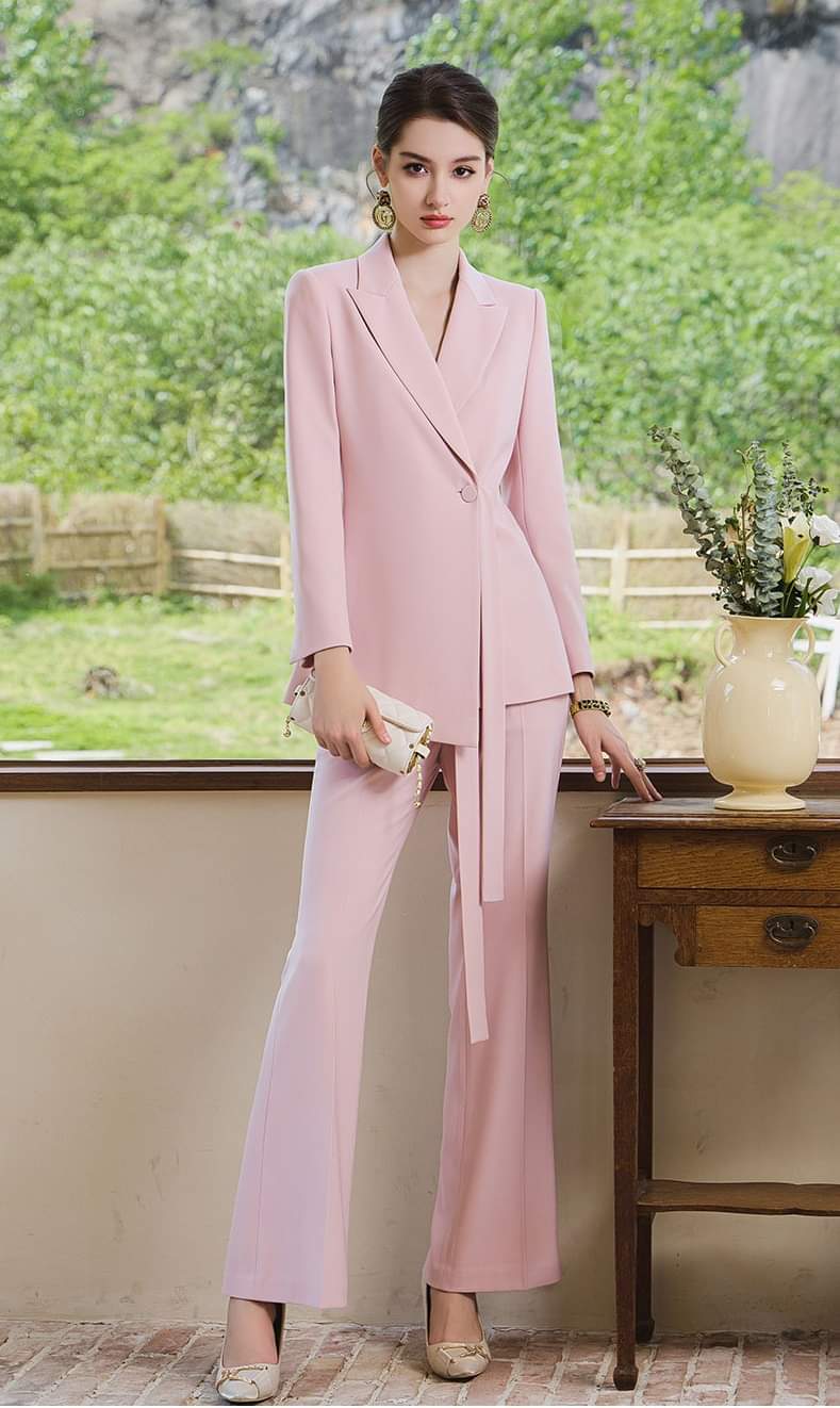 Pink belted 2-piece flared pants suit