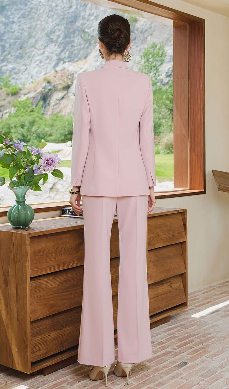 Pink belted 2-piece flared pants suit