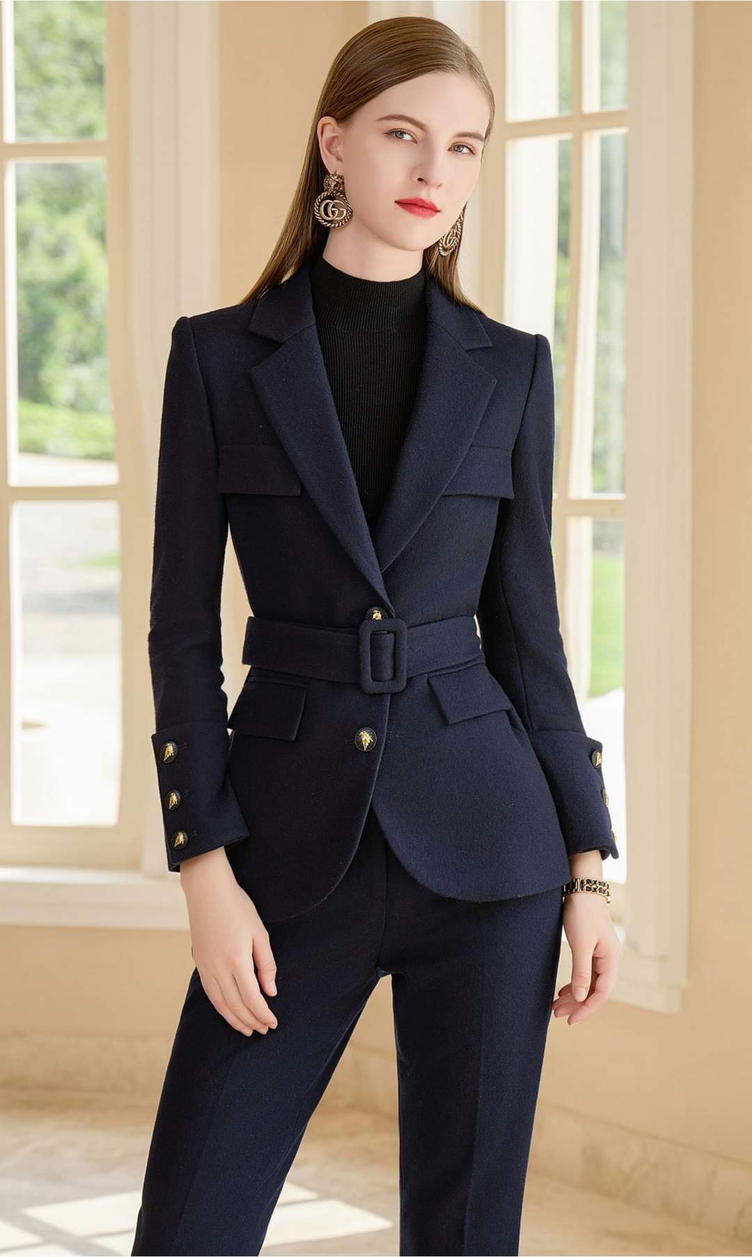 Belted 2-piece dark blue pants and blazer suits, ladies power suit
