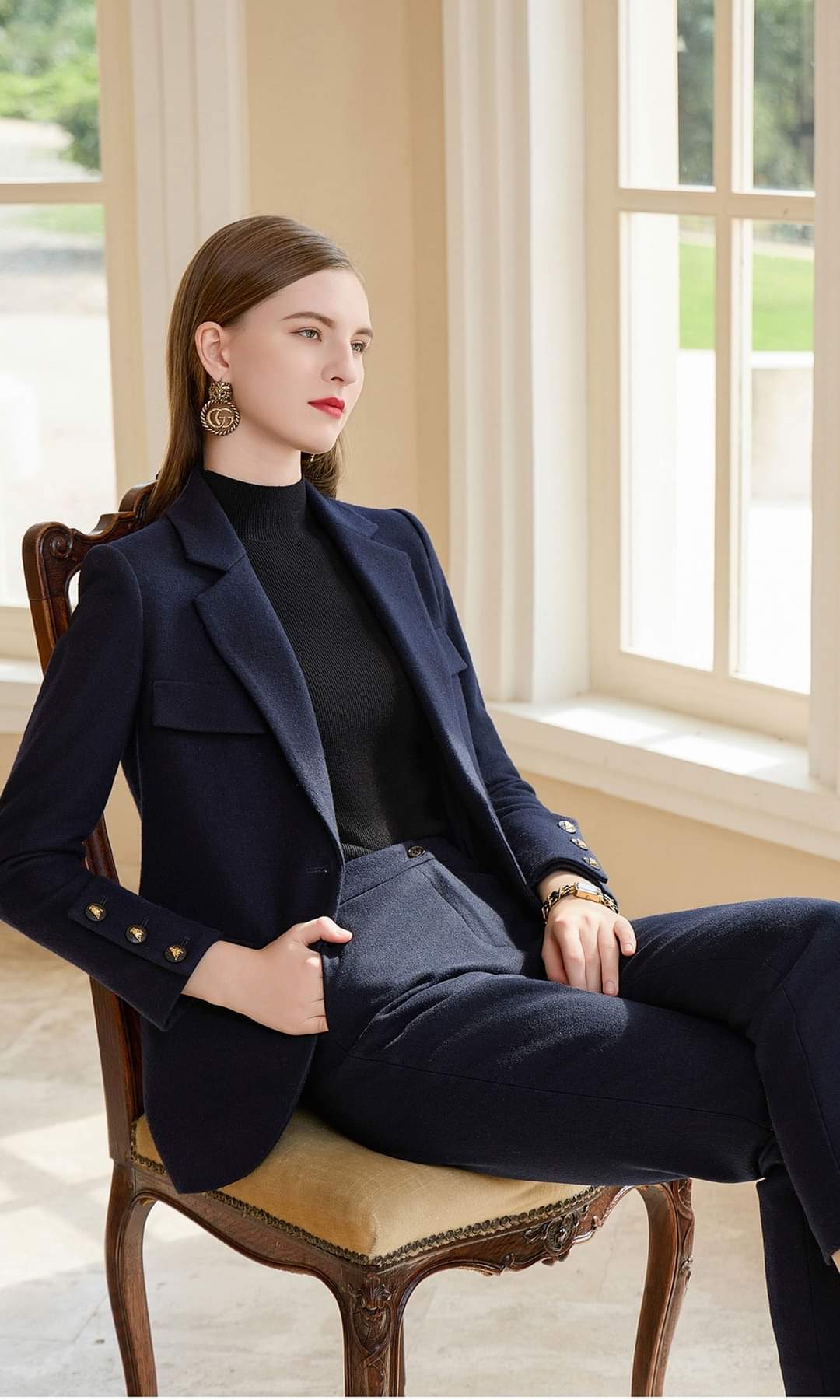 Belted 2-piece dark blue pants and blazer suits, ladies power suit