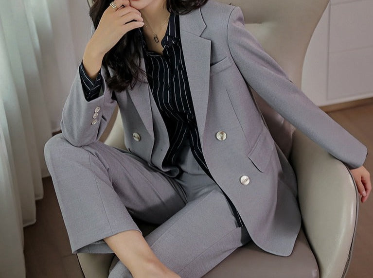 2 Piece Double Breasted Overlay Blazer and Pants Suit in Beige, Grey or Black
