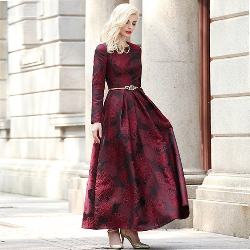 Burgundy Long Sleeve Floral Maxi Dress