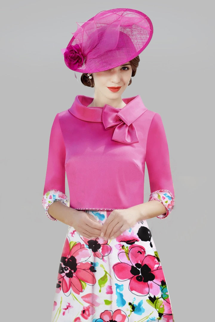 Big Pink flower Short-Sleeve Satin Bead A-Line Dress