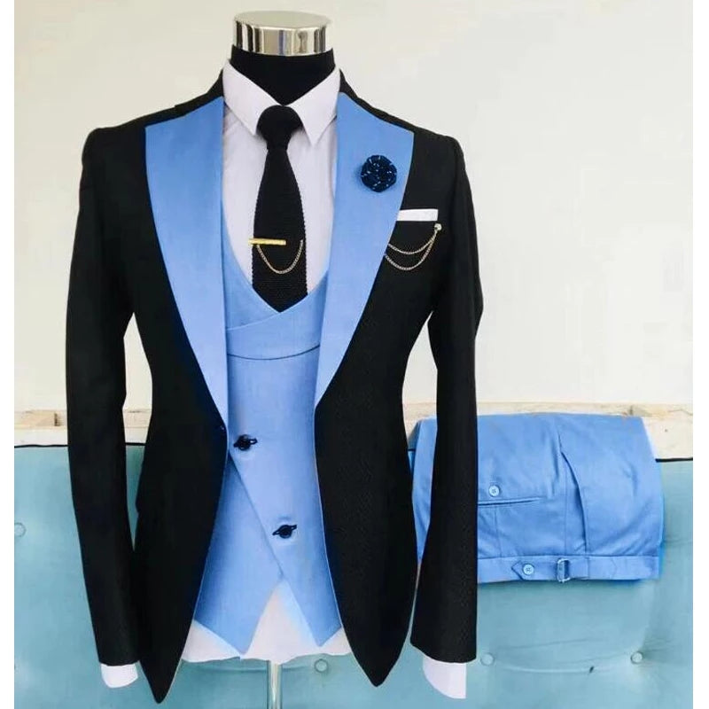 3 Piece Casual Lapel Slim Fit Tuxedo Groom Jacket, Waistcoat & Pants Suits Sky Blue or Grey