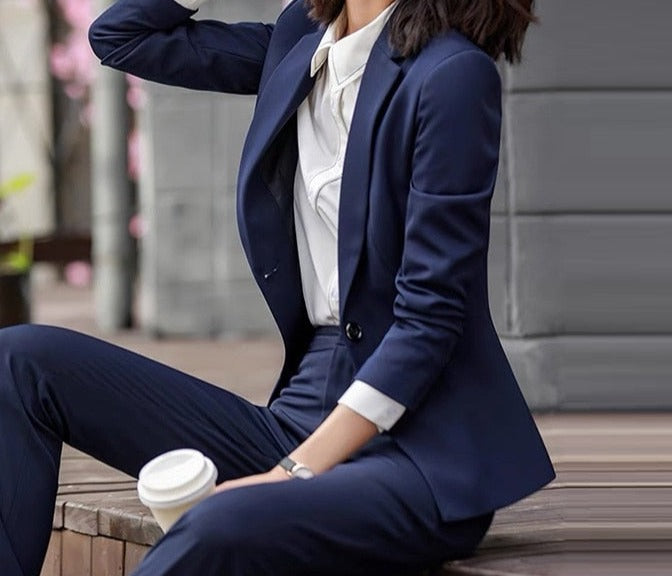 2 Piece Single Breasted Blazer and Pants Suit in Royal Blue, Grey and Black