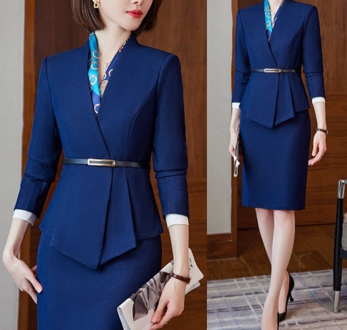 2 Piece Peplum Blazer and Skirt Suits in Navy Blue and Beige