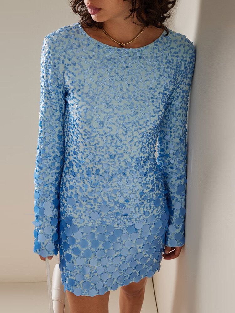 Blue Long Sleeve Beaded Sequin Mini Dress