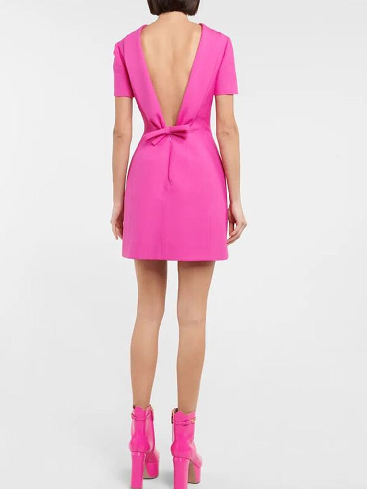 Pink Backless Short Sleeve Bow Mini Dress