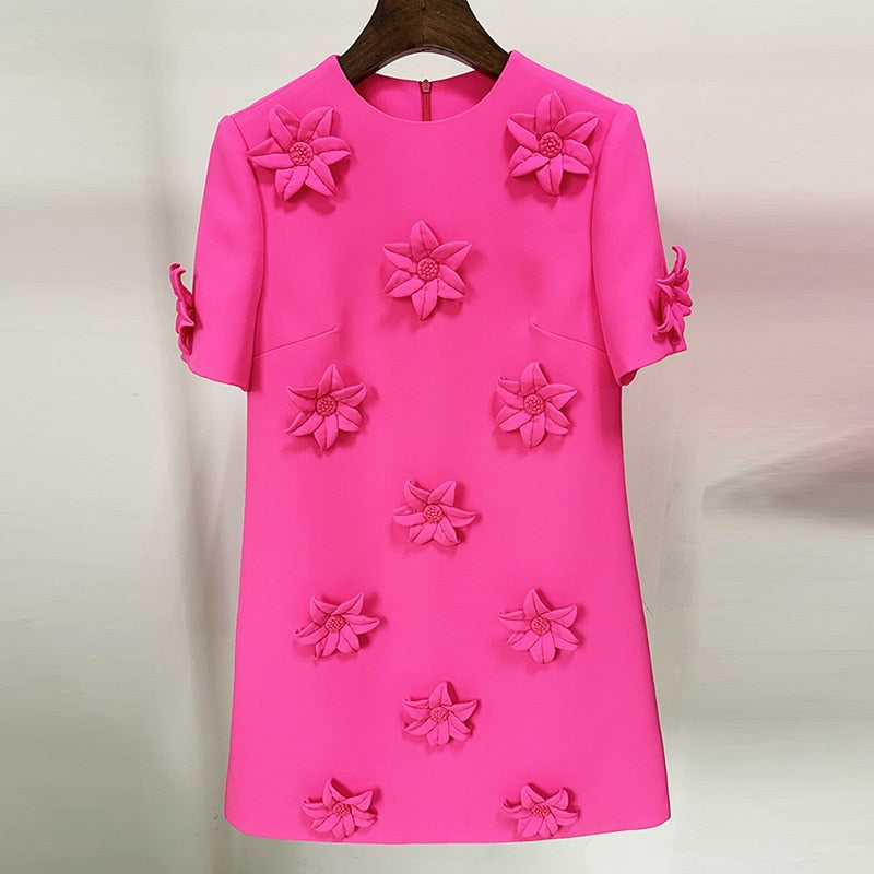 Pink Short Sleeve A-Line Chic Floral Mini Dress