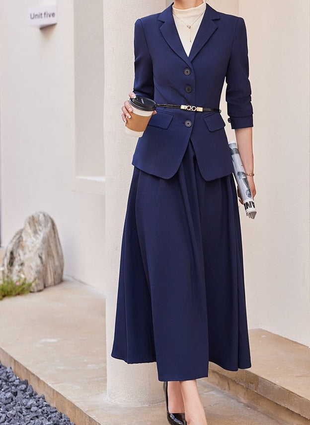 2 Piece Long Sleeve Elegant Blazer and Skirt Suit Set