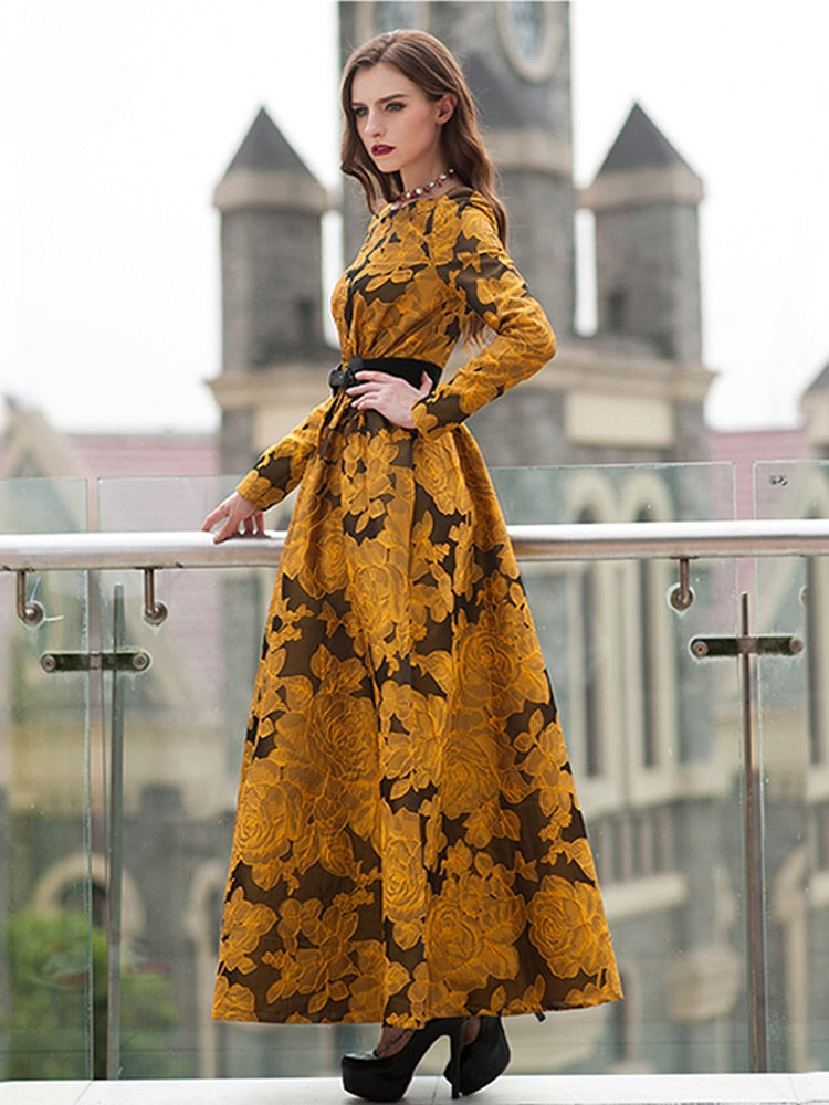 Yellow Floral Long Sleeves Long Maxi Dress