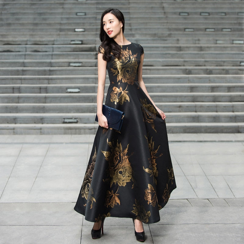 Black-Gold Jacquard Floral Long Maxi Dress