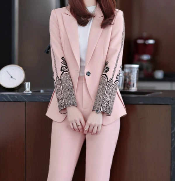 2 Piece Lace Embellished Sleeves Pants and Blazer Suit in Pink, Sky Blue and White