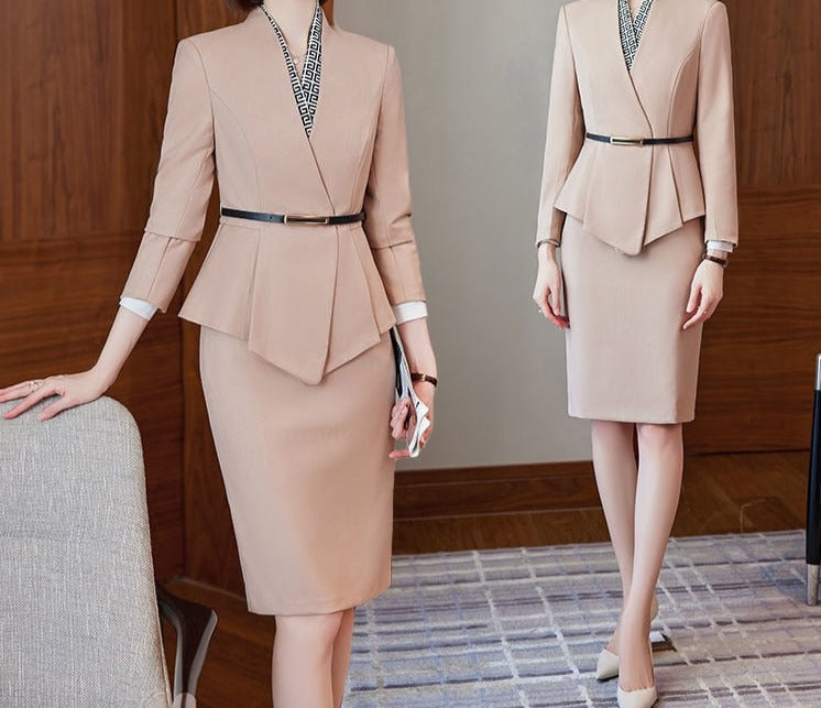 2 Piece Peplum Blazer and Skirt Suits in Navy Blue and Beige
