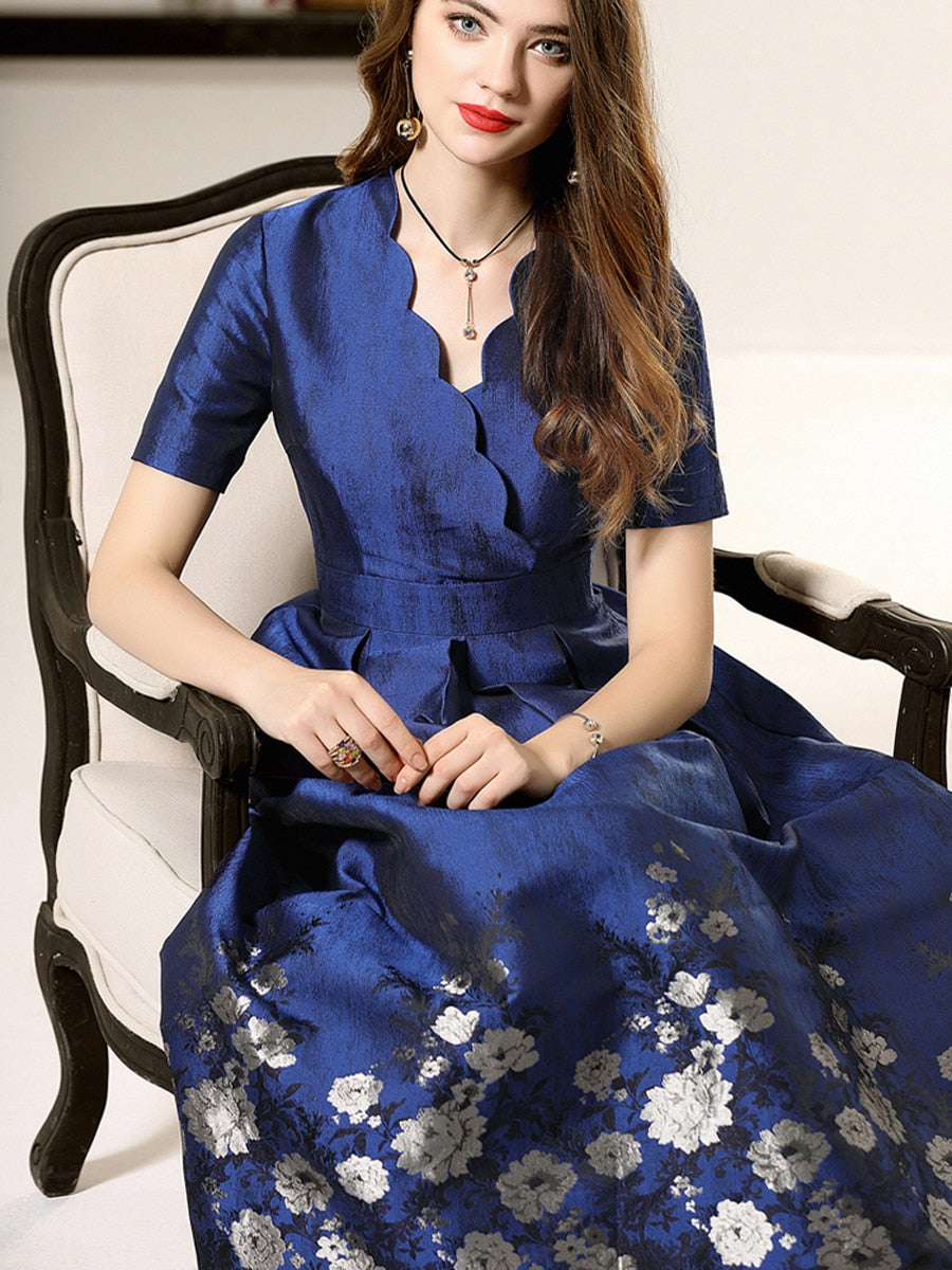 Blue Short Sleeve Floral Jacquard Maxi Dress