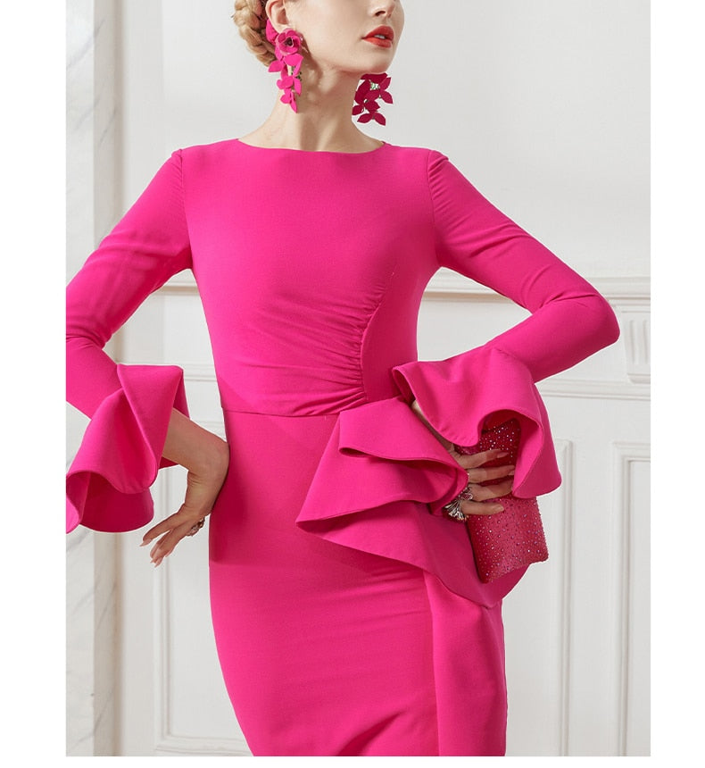 Pink Three-Dimensional Ruffles Bell Sleeve Slim Fit Dress