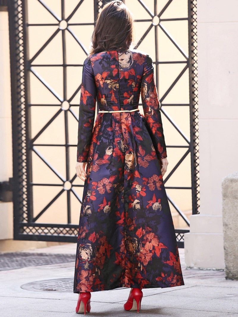 Black-Red Jacquard Floral Long Sleeve Maxi Dress