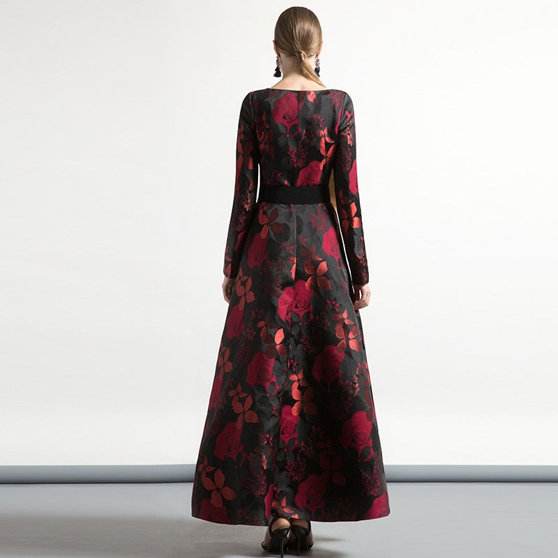 Black-Red Long Sleeve Floral Boho Maxi Dress
