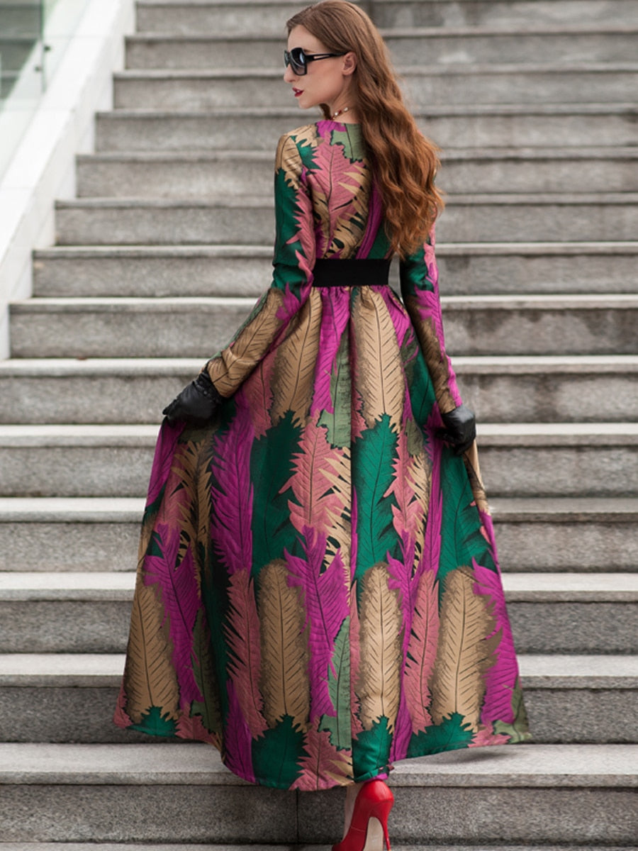 Floral Long Sleeves Maxi Jacquard Dress