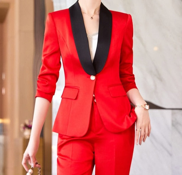 2 Piece Single Breasted Satin Blazer and Pants Suits