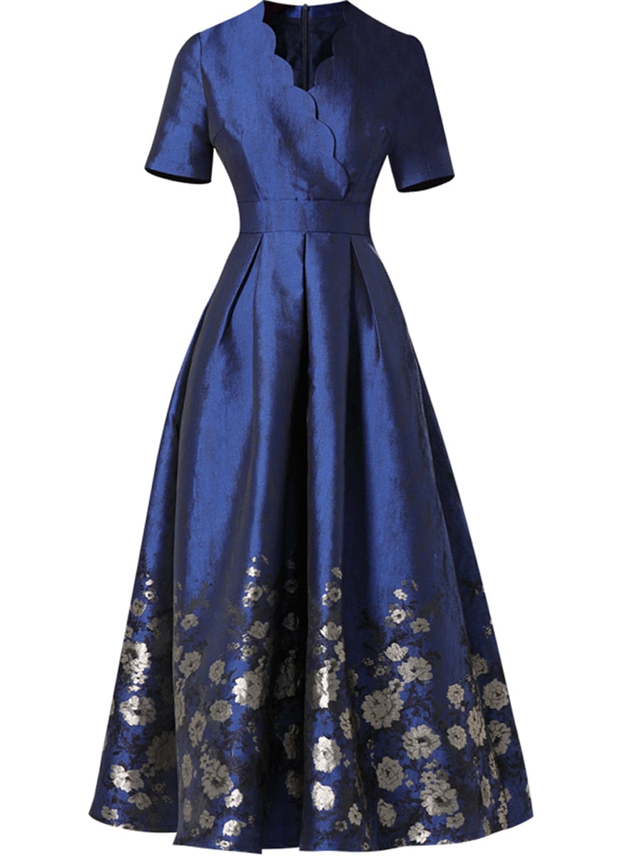 Blue Short Sleeve Floral Jacquard Maxi Dress