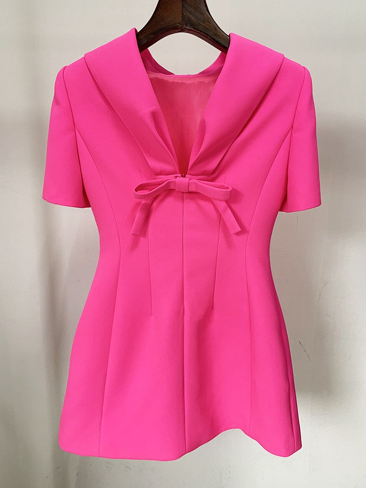 Pink Backless Short Sleeve Bow Mini Dress