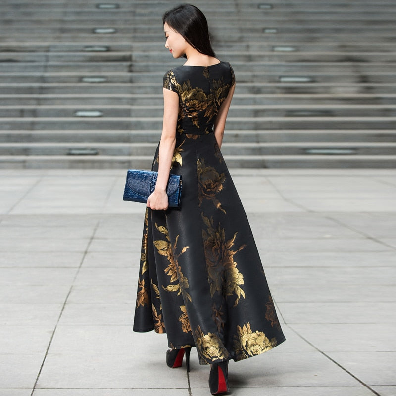 Black-Gold Jacquard Floral Long Maxi Dress