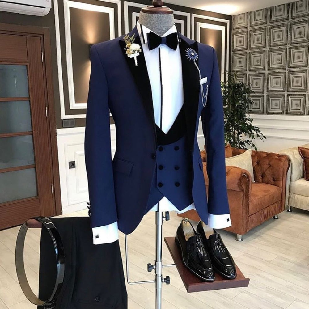 3 Piece Ternos Masculinos Slim Fit Tuxedos Jacket, Vest & Pants Suits in Navy Blue