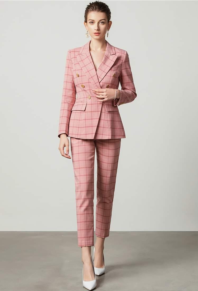 Double Breasted Blazer Plaid Pants And Blazer Women's Pink