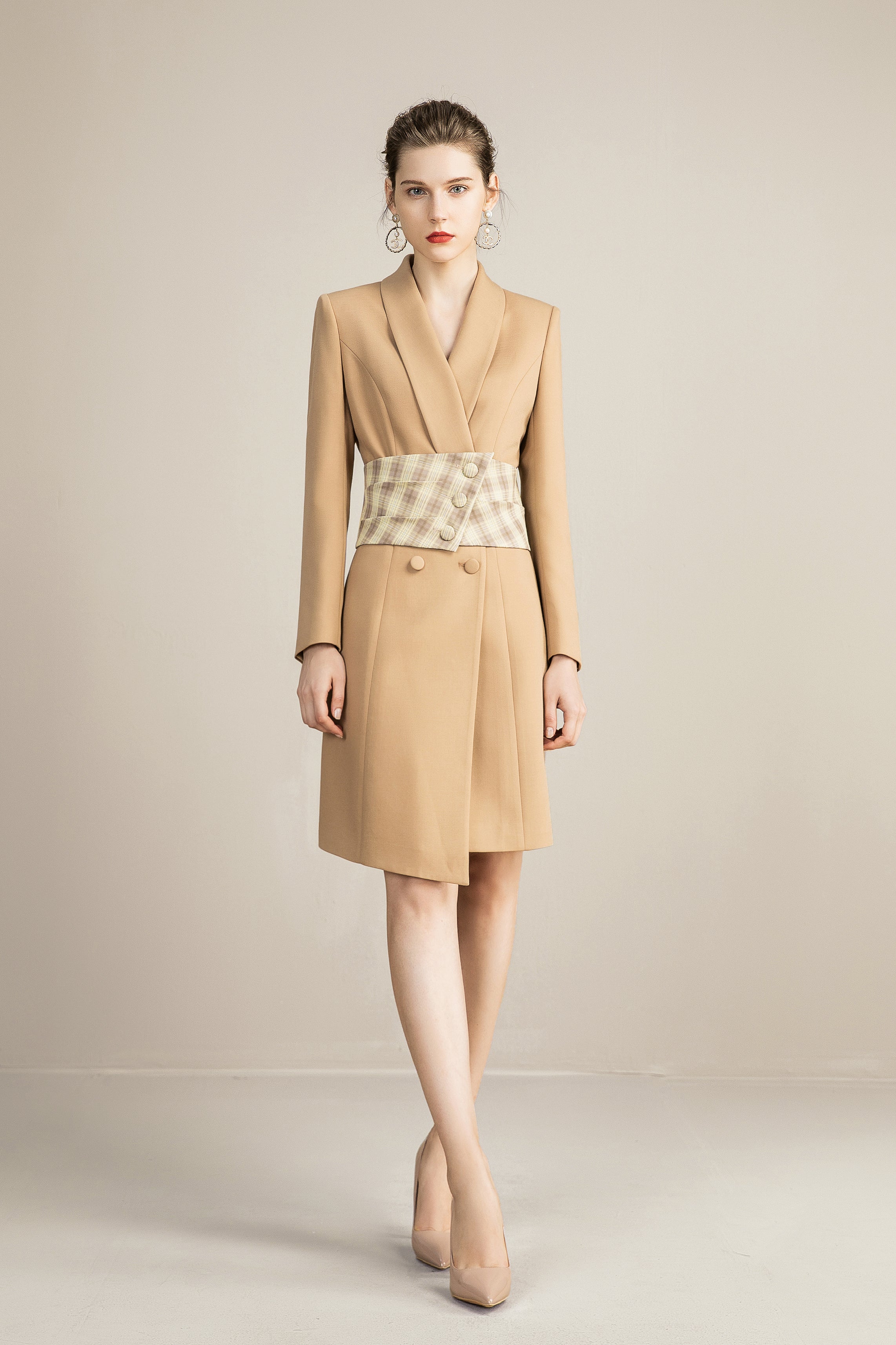 Khaki plaid contrast belted blazer dress, formal suit dress