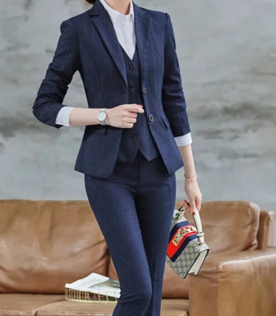 Navy Blue Stripped 3-Piece Pants Suits