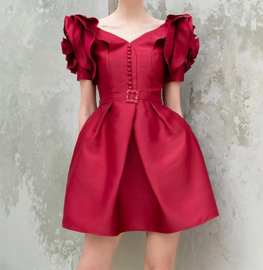 Belted red mini A-line dress with rose petals sleeve detail
