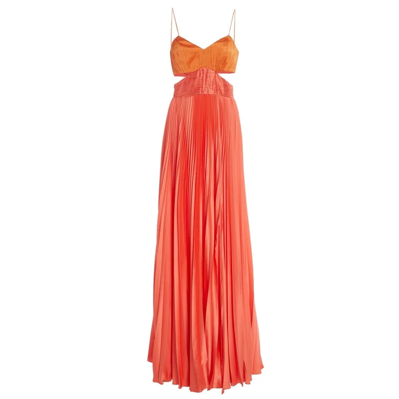 Orange Pleated Cut-Out Maxi Dress